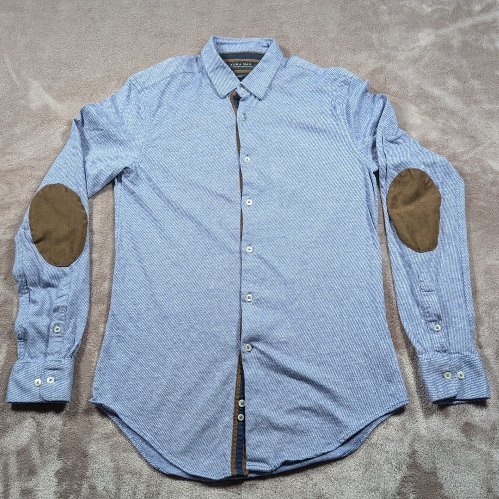 Zara Man Button Down Shirt Mens M Blue Slim Fit Elbow Patches 7545/296/400